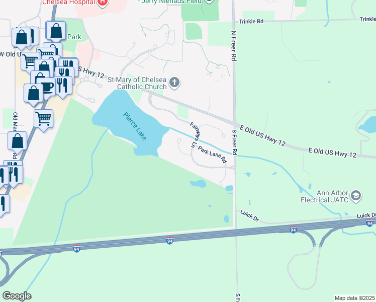 map of restaurants, bars, coffee shops, grocery stores, and more near 510 Fairways Lane in Chelsea