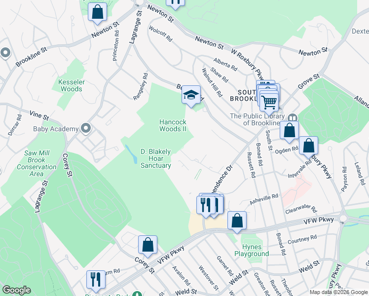 map of restaurants, bars, coffee shops, grocery stores, and more near 203 Sherman Road in Brookline
