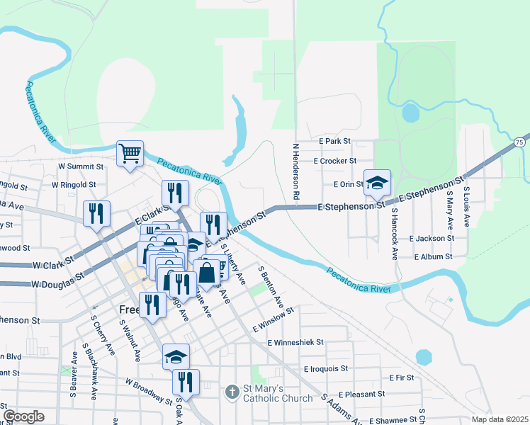 map of restaurants, bars, coffee shops, grocery stores, and more near 806 East Stephenson Street in Freeport