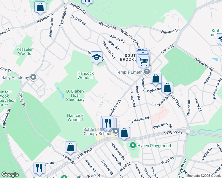 map of restaurants, bars, coffee shops, grocery stores, and more near 105 Gerry Road in Brookline