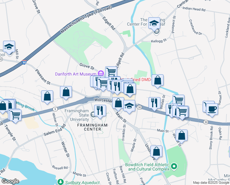 map of restaurants, bars, coffee shops, grocery stores, and more near 33 Edgell Road in Framingham
