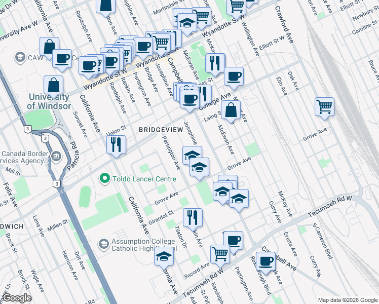 map of restaurants, bars, coffee shops, grocery stores, and more near 982 Bridge Avenue in Windsor