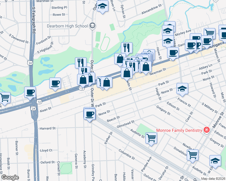 map of restaurants, bars, coffee shops, grocery stores, and more near 23051 Michigan Avenue in Dearborn