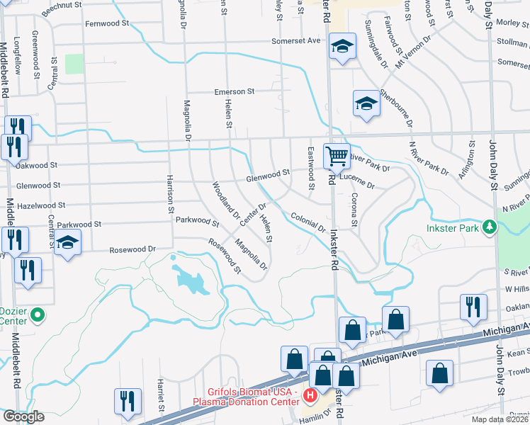 map of restaurants, bars, coffee shops, grocery stores, and more near 1292 Colonial Drive in Inkster
