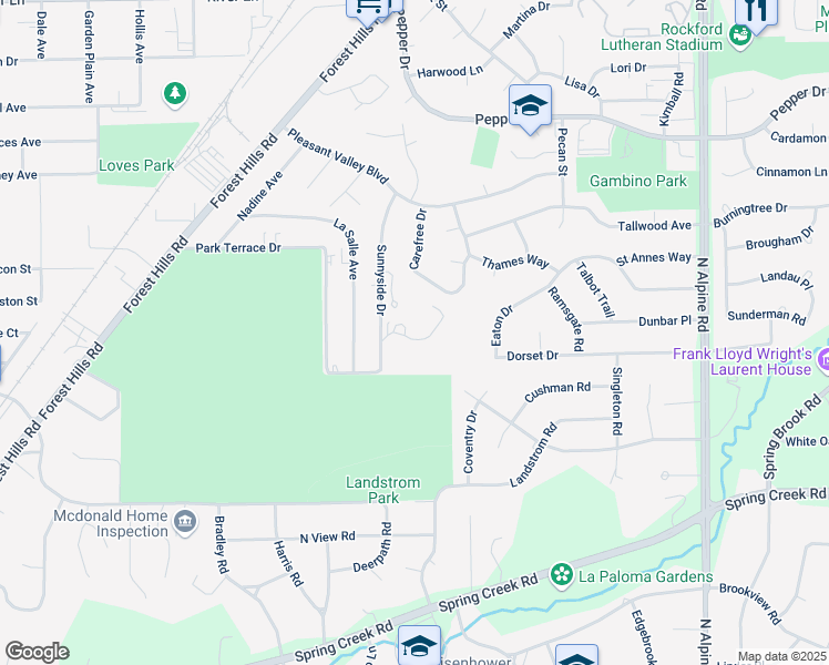 map of restaurants, bars, coffee shops, grocery stores, and more near 2929 Sunnyside Drive in Rockford