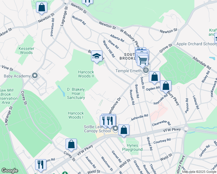 map of restaurants, bars, coffee shops, grocery stores, and more near 149 Gerry Road in Brookline