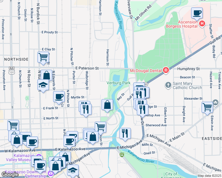 map of restaurants, bars, coffee shops, grocery stores, and more near Kalamazoo River Valley Trail in Kalamazoo