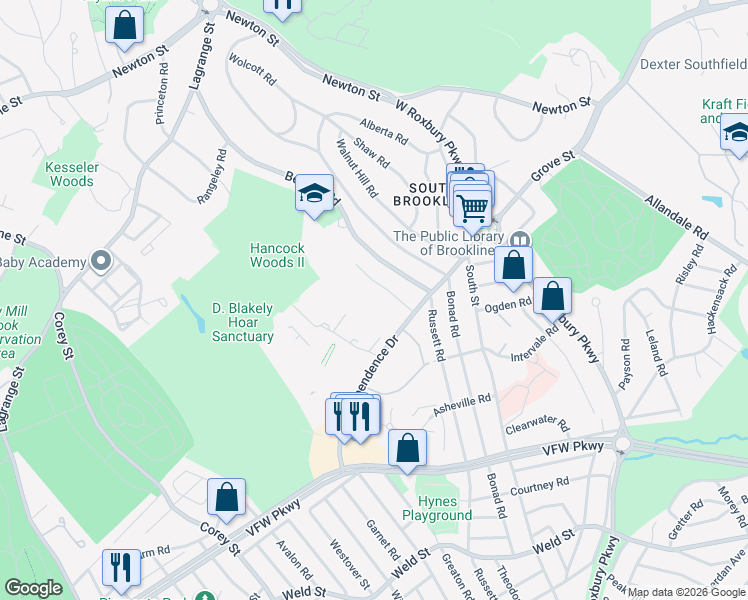 map of restaurants, bars, coffee shops, grocery stores, and more near 149 Gerry Road in Brookline
