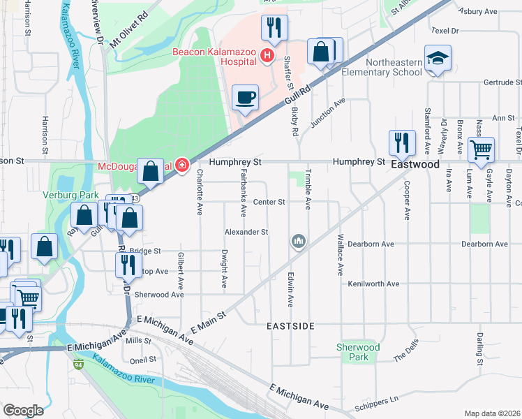 map of restaurants, bars, coffee shops, grocery stores, and more near 1607 Center Street in Kalamazoo