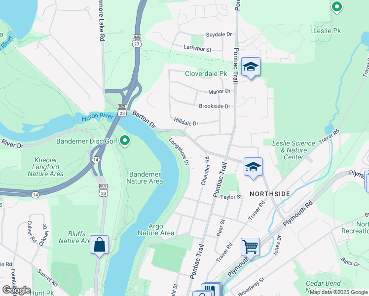 map of restaurants, bars, coffee shops, grocery stores, and more near 678 Barton Drive in Ann Arbor