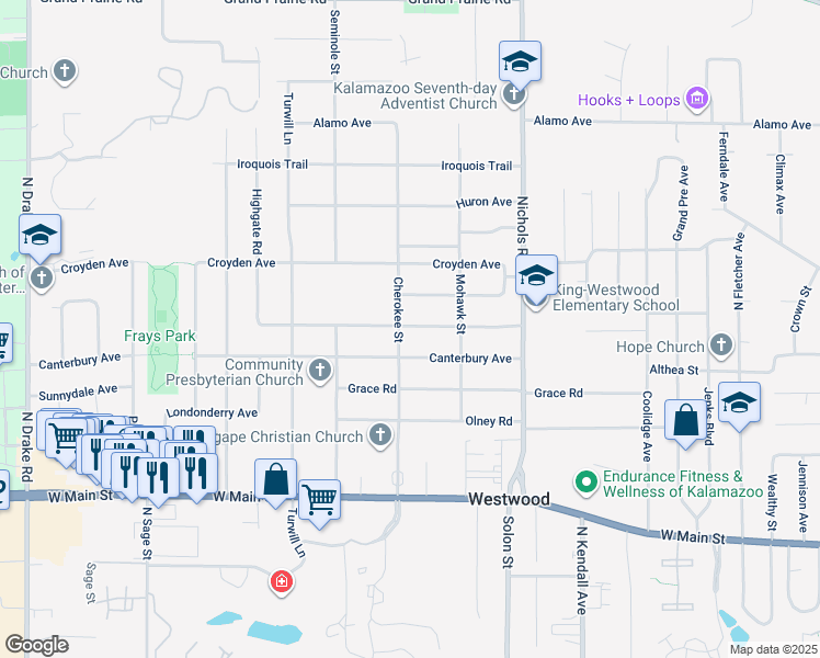 map of restaurants, bars, coffee shops, grocery stores, and more near in Kalamazoo