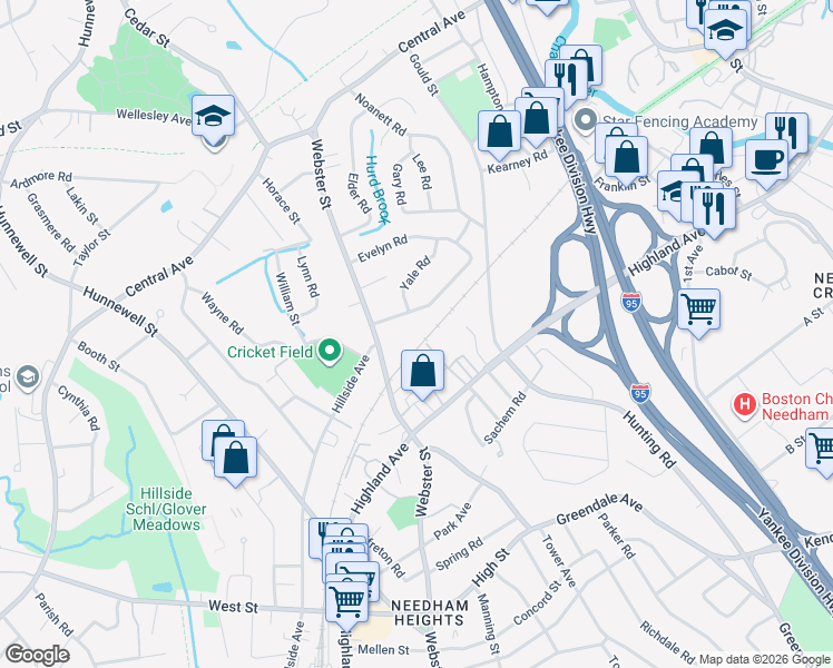 map of restaurants, bars, coffee shops, grocery stores, and more near 216 Webster Street in Needham