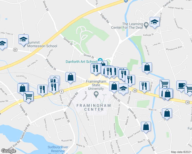 map of restaurants, bars, coffee shops, grocery stores, and more near 963 Worcester Road in Framingham