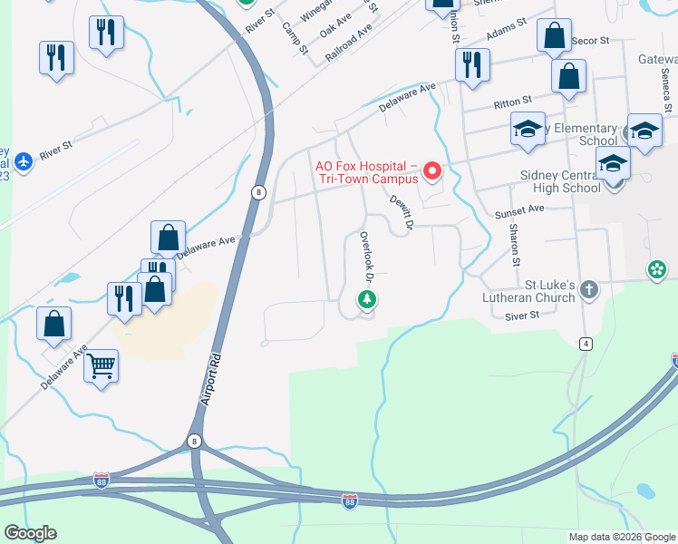 map of restaurants, bars, coffee shops, grocery stores, and more near 81 Campmeeting Street in Sidney