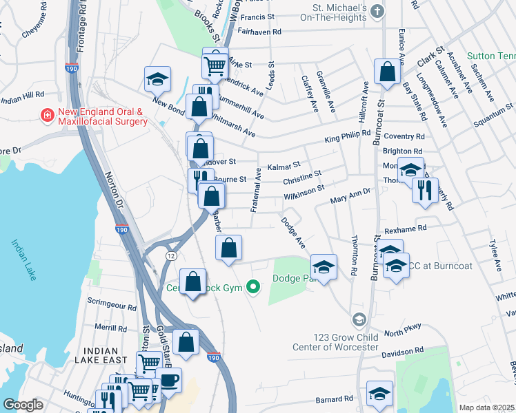 map of restaurants, bars, coffee shops, grocery stores, and more near 22 Fraternal Avenue in Worcester