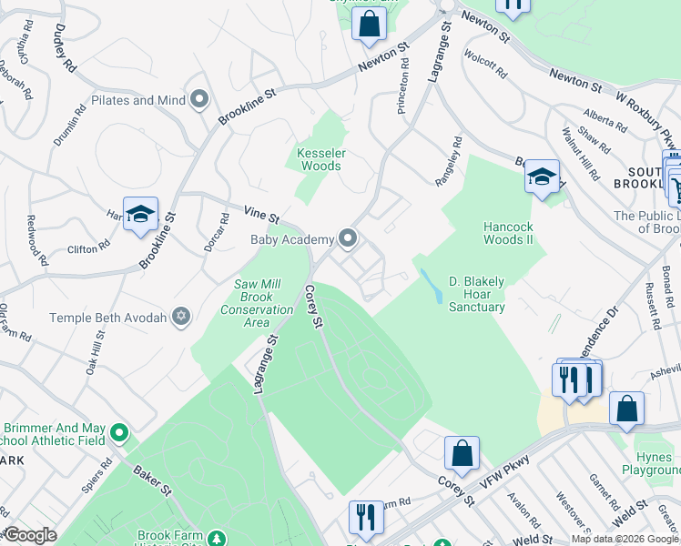 map of restaurants, bars, coffee shops, grocery stores, and more near 288 Lagrange Street in Newton