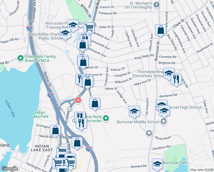 map of restaurants, bars, coffee shops, grocery stores, and more near 22 Fraternal Avenue in Worcester