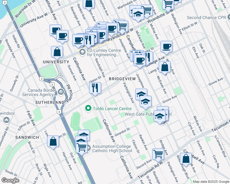 map of restaurants, bars, coffee shops, grocery stores, and more near 2144 Vercheres Avenue in Windsor