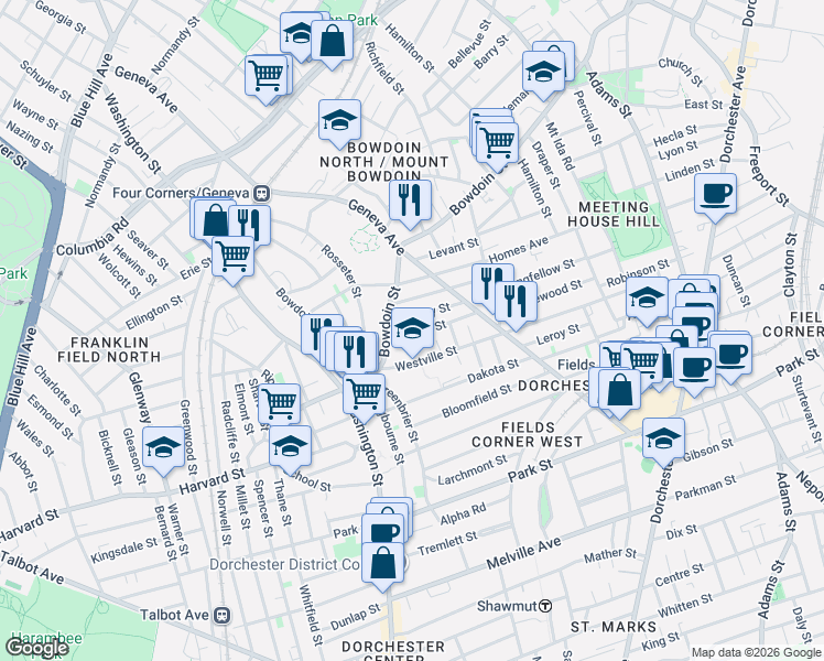 map of restaurants, bars, coffee shops, grocery stores, and more near 8 Oakley Street in Boston
