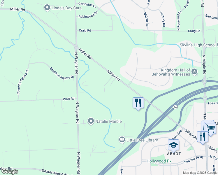 map of restaurants, bars, coffee shops, grocery stores, and more near 3165 Miller Road in Ann Arbor