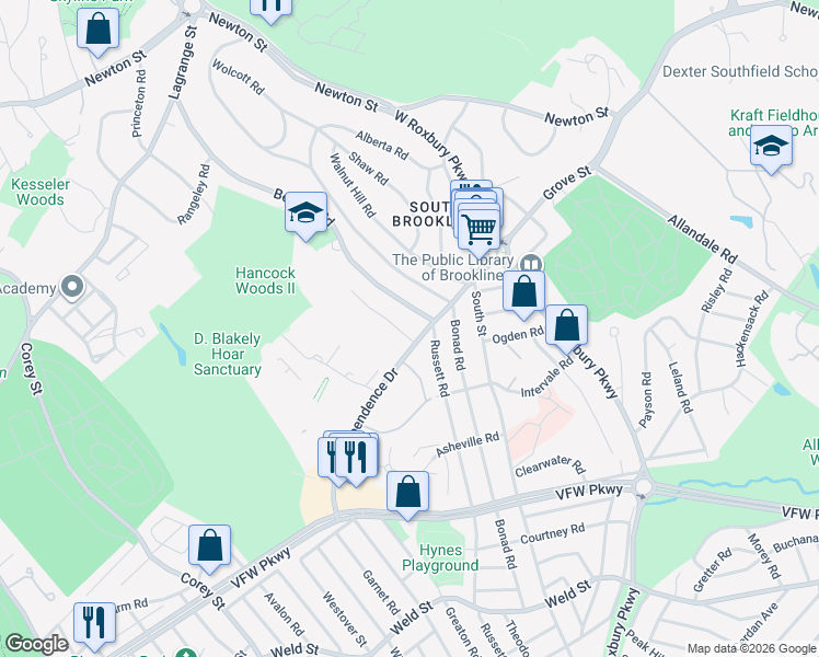 map of restaurants, bars, coffee shops, grocery stores, and more near 271 Beverly Road in Brookline