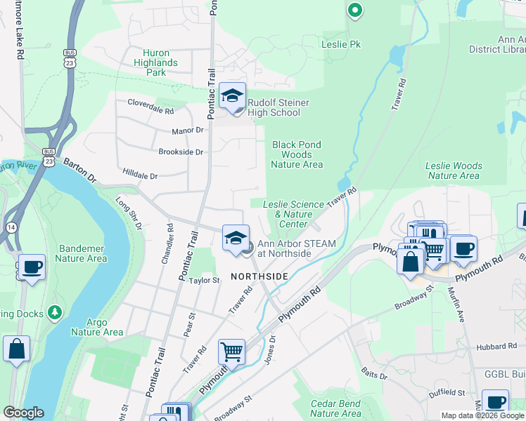 map of restaurants, bars, coffee shops, grocery stores, and more near 1780 David Court in Ann Arbor
