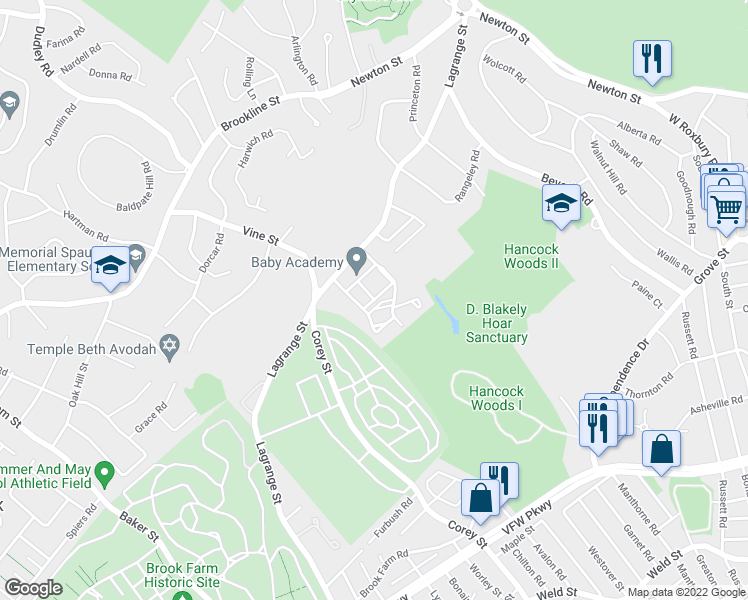 map of restaurants, bars, coffee shops, grocery stores, and more near 50 Bryon Road in Boston