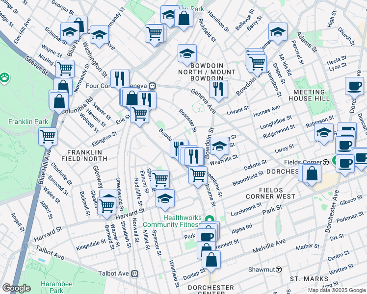 map of restaurants, bars, coffee shops, grocery stores, and more near 54 Bowdoin Avenue in Boston