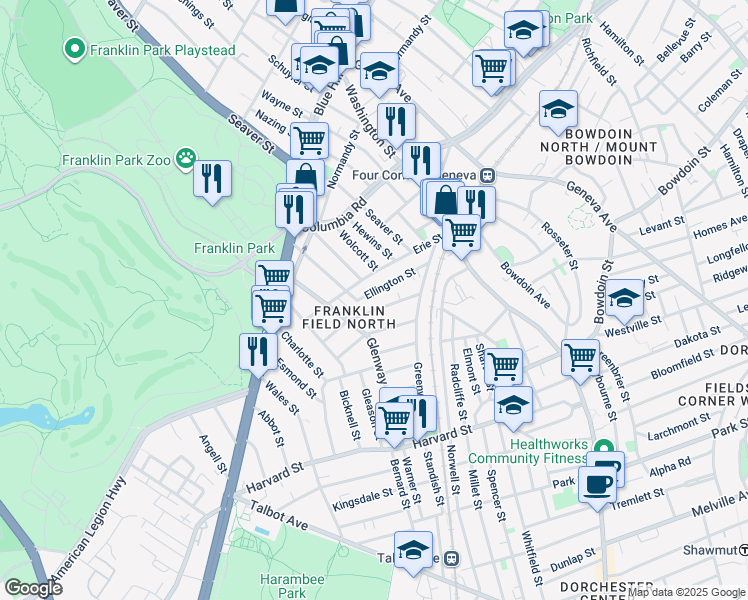 map of restaurants, bars, coffee shops, grocery stores, and more near 90 Ellington Street in Boston