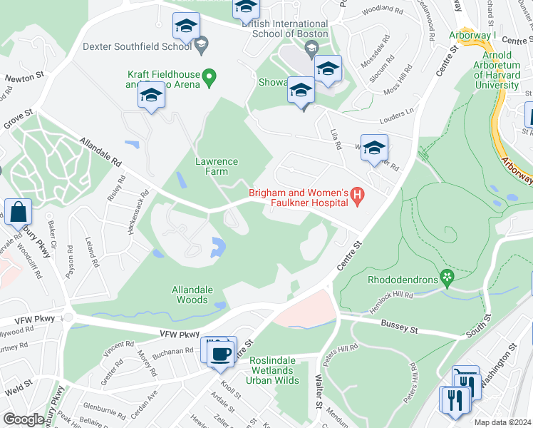 map of restaurants, bars, coffee shops, grocery stores, and more near 100 Allandale Street in Boston