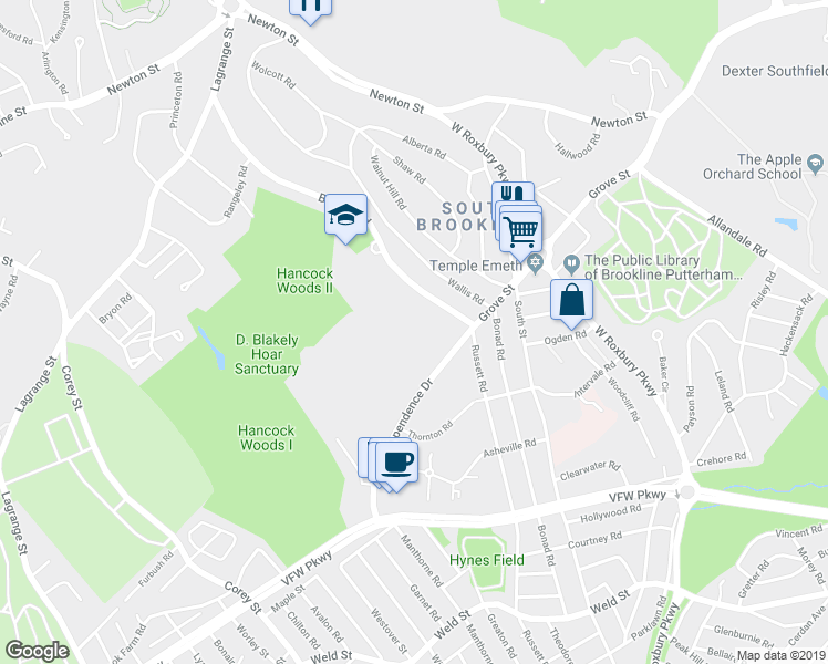 map of restaurants, bars, coffee shops, grocery stores, and more near 271 Beverly Road in Brookline