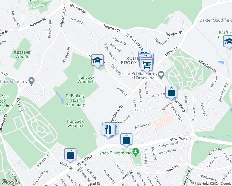 map of restaurants, bars, coffee shops, grocery stores, and more near 149 Gerry Road in Brookline