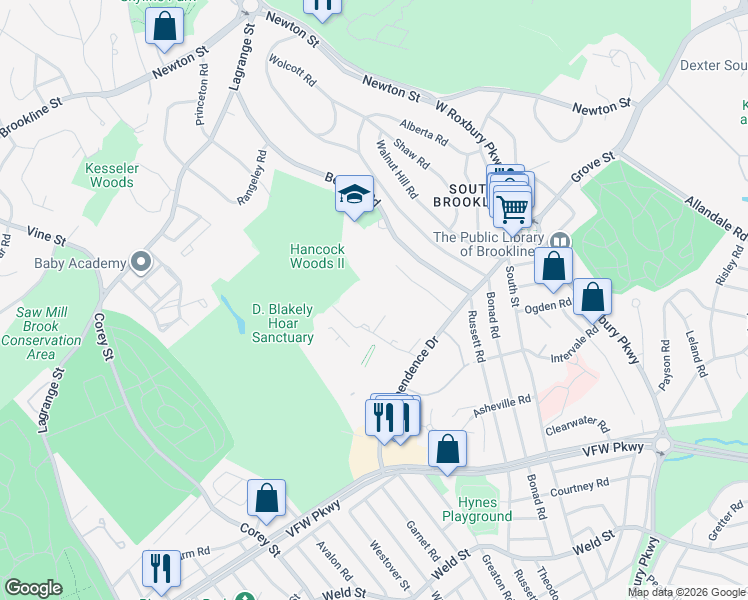 map of restaurants, bars, coffee shops, grocery stores, and more near 178 Gerry Road in Brookline