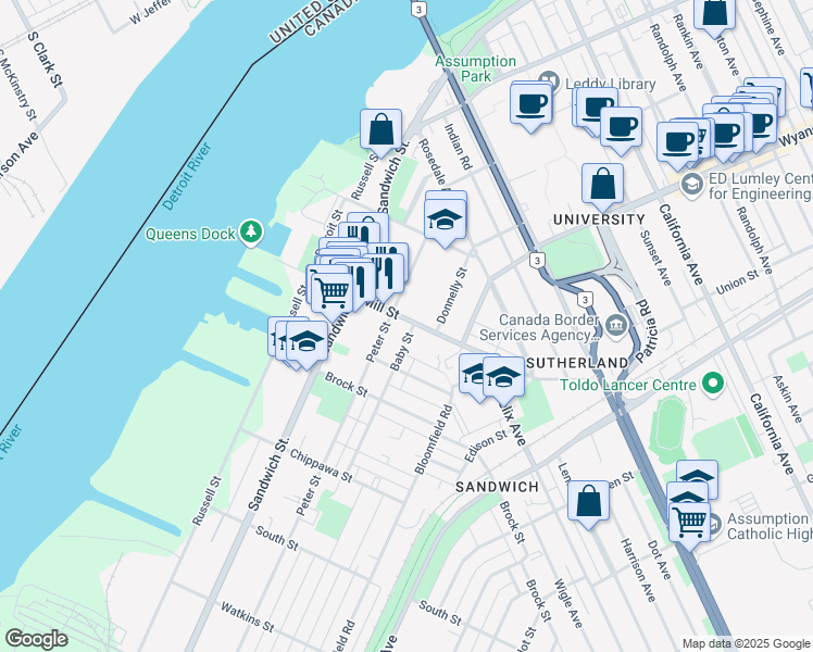 map of restaurants, bars, coffee shops, grocery stores, and more near 450 Mill Street in Windsor