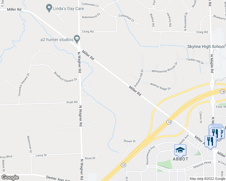 map of restaurants, bars, coffee shops, grocery stores, and more near 3165 Miller Road in Ann Arbor