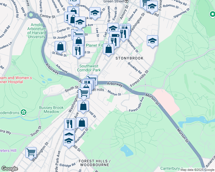 map of restaurants, bars, coffee shops, grocery stores, and more near 445 Arborway in Boston
