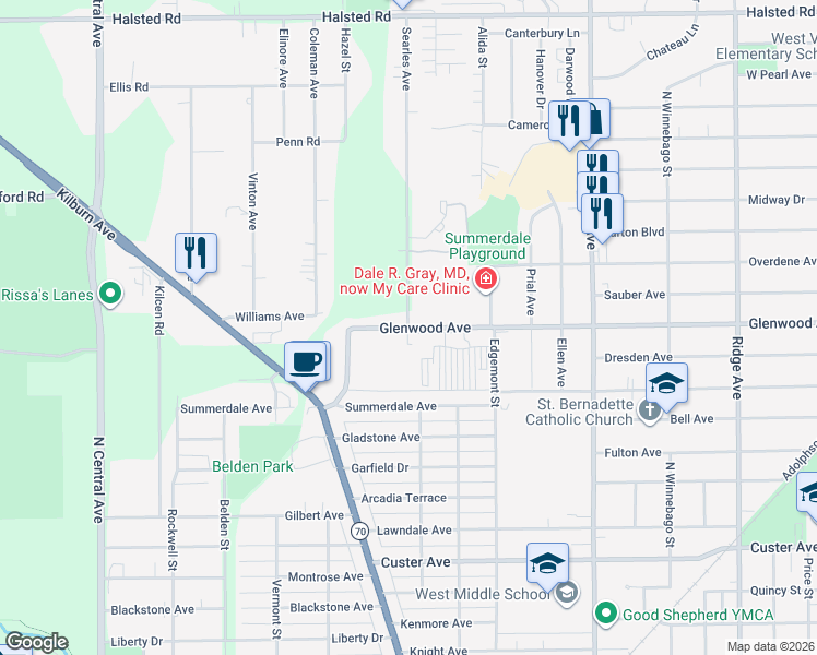 map of restaurants, bars, coffee shops, grocery stores, and more near 2998 Glenwood Avenue in Rockford