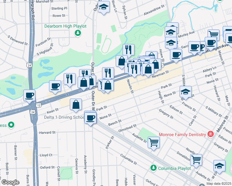 map of restaurants, bars, coffee shops, grocery stores, and more near 23131 Michigan Avenue in Dearborn