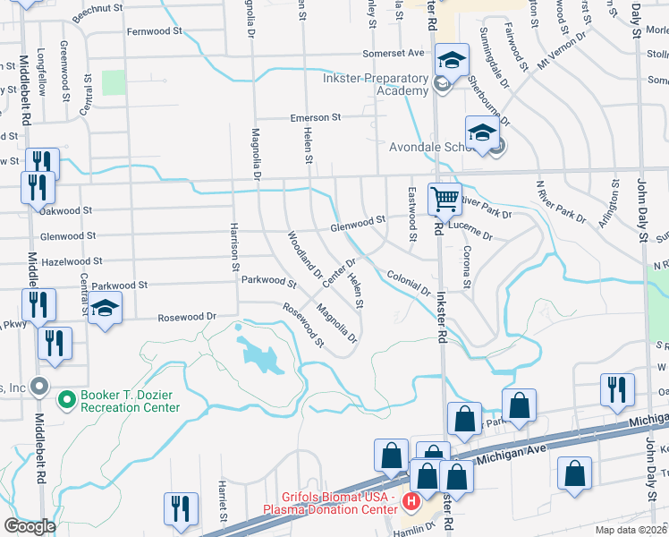 map of restaurants, bars, coffee shops, grocery stores, and more near 1350 Helen Street in Inkster