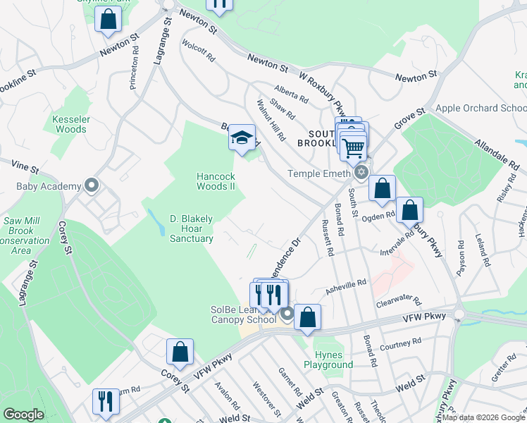 map of restaurants, bars, coffee shops, grocery stores, and more near 149 Gerry Road in Brookline