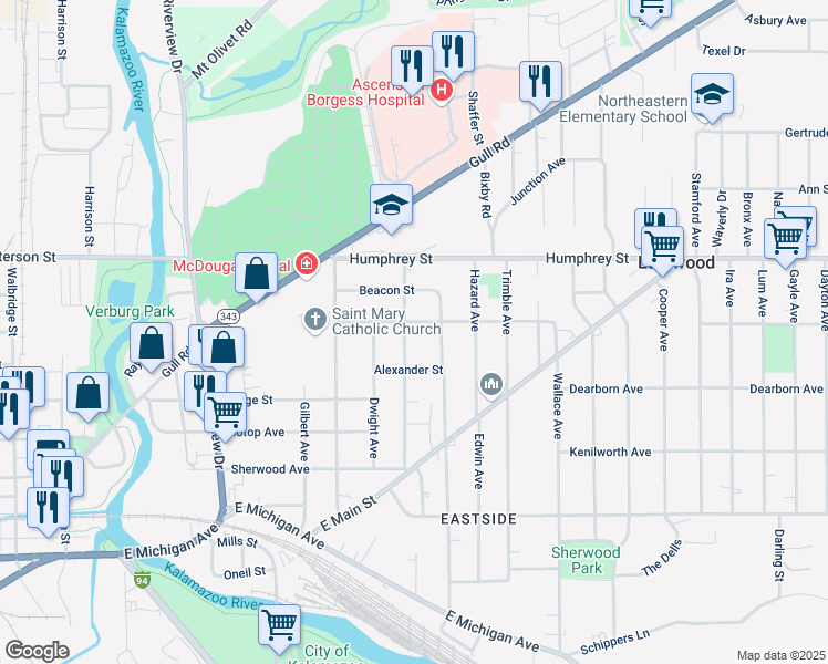 map of restaurants, bars, coffee shops, grocery stores, and more near 1507 Center Street in Kalamazoo