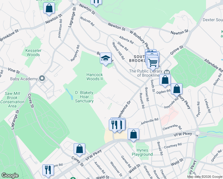 map of restaurants, bars, coffee shops, grocery stores, and more near 178 Gerry Road in Brookline