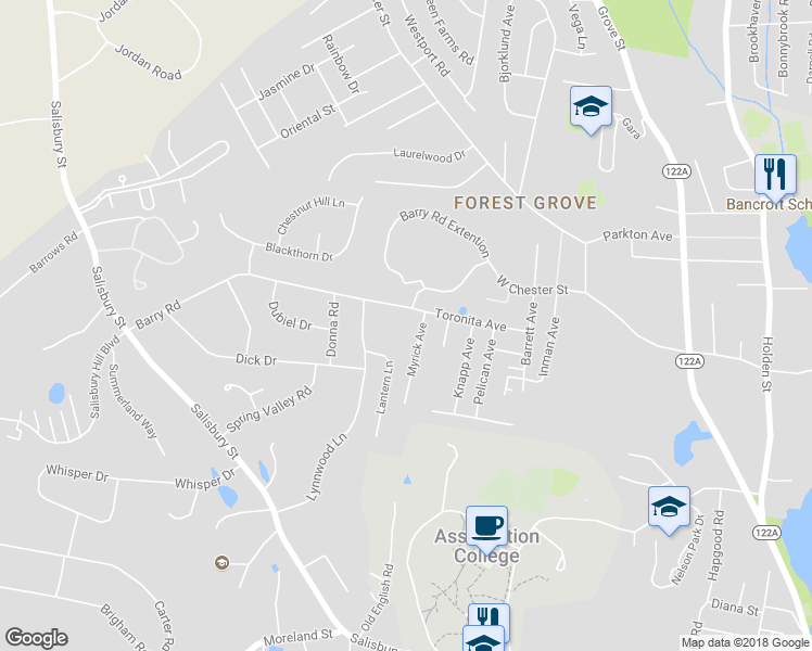map of restaurants, bars, coffee shops, grocery stores, and more near 92 Barry Road in Worcester