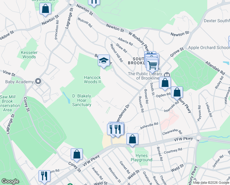 map of restaurants, bars, coffee shops, grocery stores, and more near 149 Gerry Road in Brookline