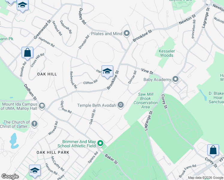 map of restaurants, bars, coffee shops, grocery stores, and more near 269 Brookline Street in Newton