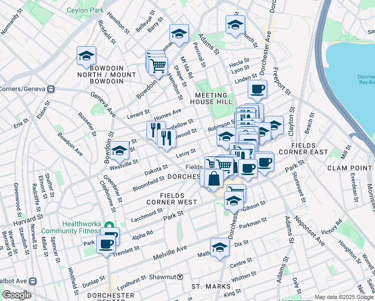 map of restaurants, bars, coffee shops, grocery stores, and more near 188 Westville Street in Boston