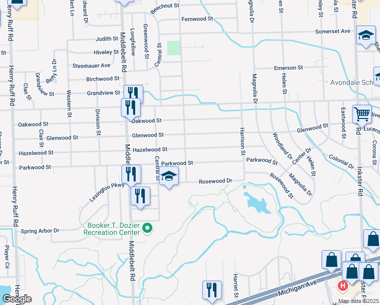 map of restaurants, bars, coffee shops, grocery stores, and more near 28656 Hazelwood Street in Inkster
