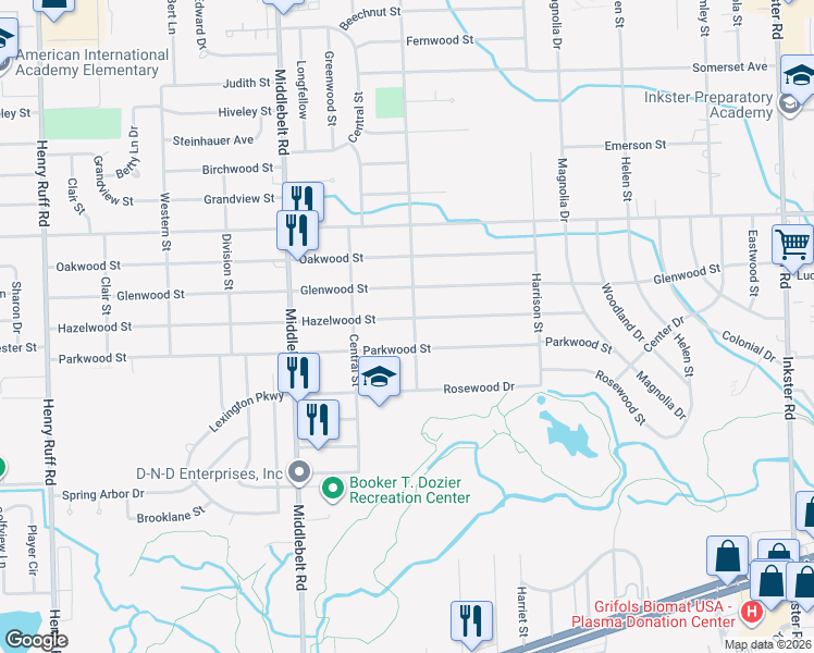 map of restaurants, bars, coffee shops, grocery stores, and more near 28656 Hazelwood Street in Inkster