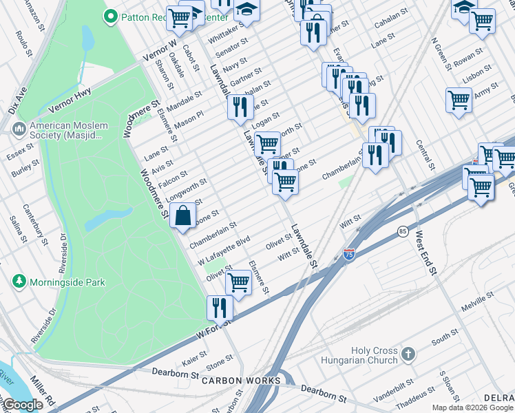 map of restaurants, bars, coffee shops, grocery stores, and more near 8755 Rathbone Street in Detroit