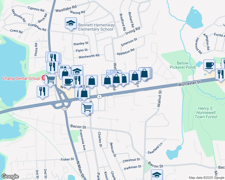 map of restaurants, bars, coffee shops, grocery stores, and more near 2 Wethersfield Road in Natick